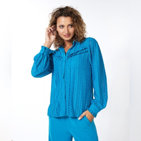 ESQUALO Tops - Esqualo Lace Puff Sleeve Button Up - Petrol - Size 8